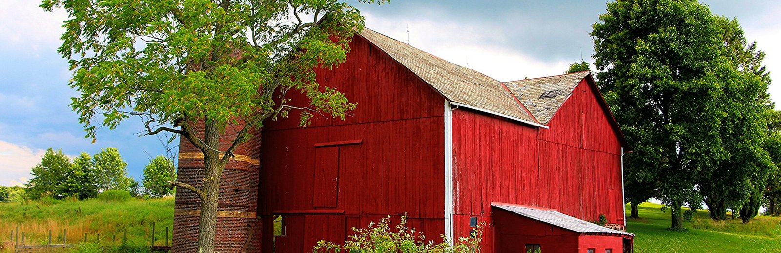 Traditional weathered red wood barn surrounded by trees in a rural countryside setting