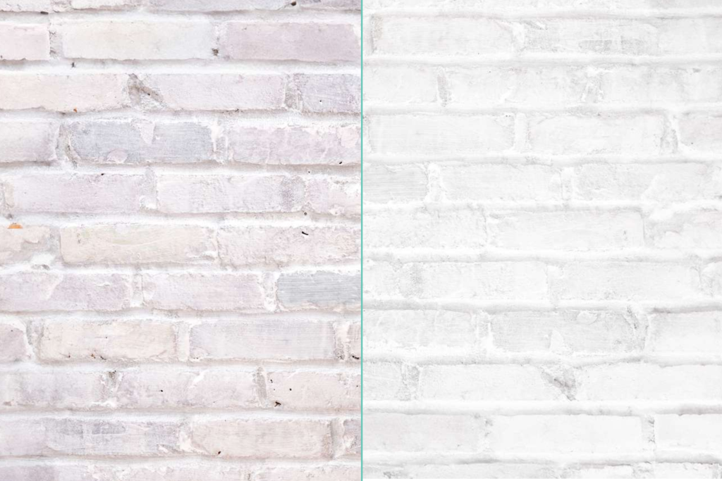 Side-by-side comparison of limewashed brick and whitewashed brick finishes showing texture and coverage differences