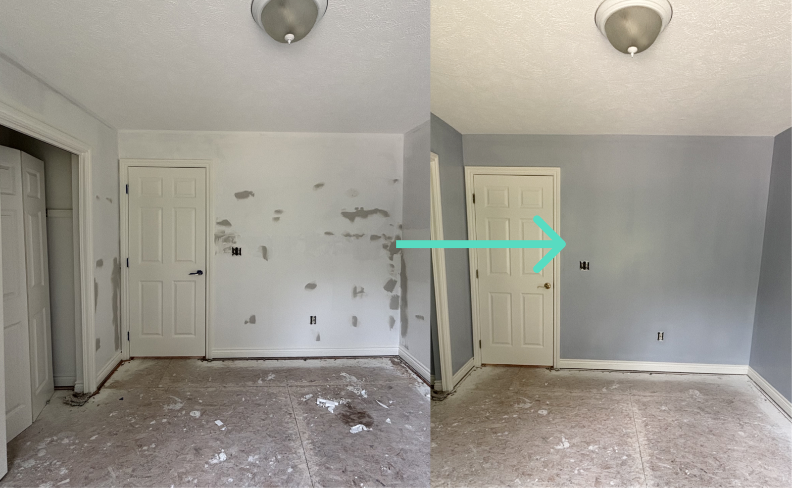 Before-and-after view of a wall patched, primed, and repainted after wallpaper removal.