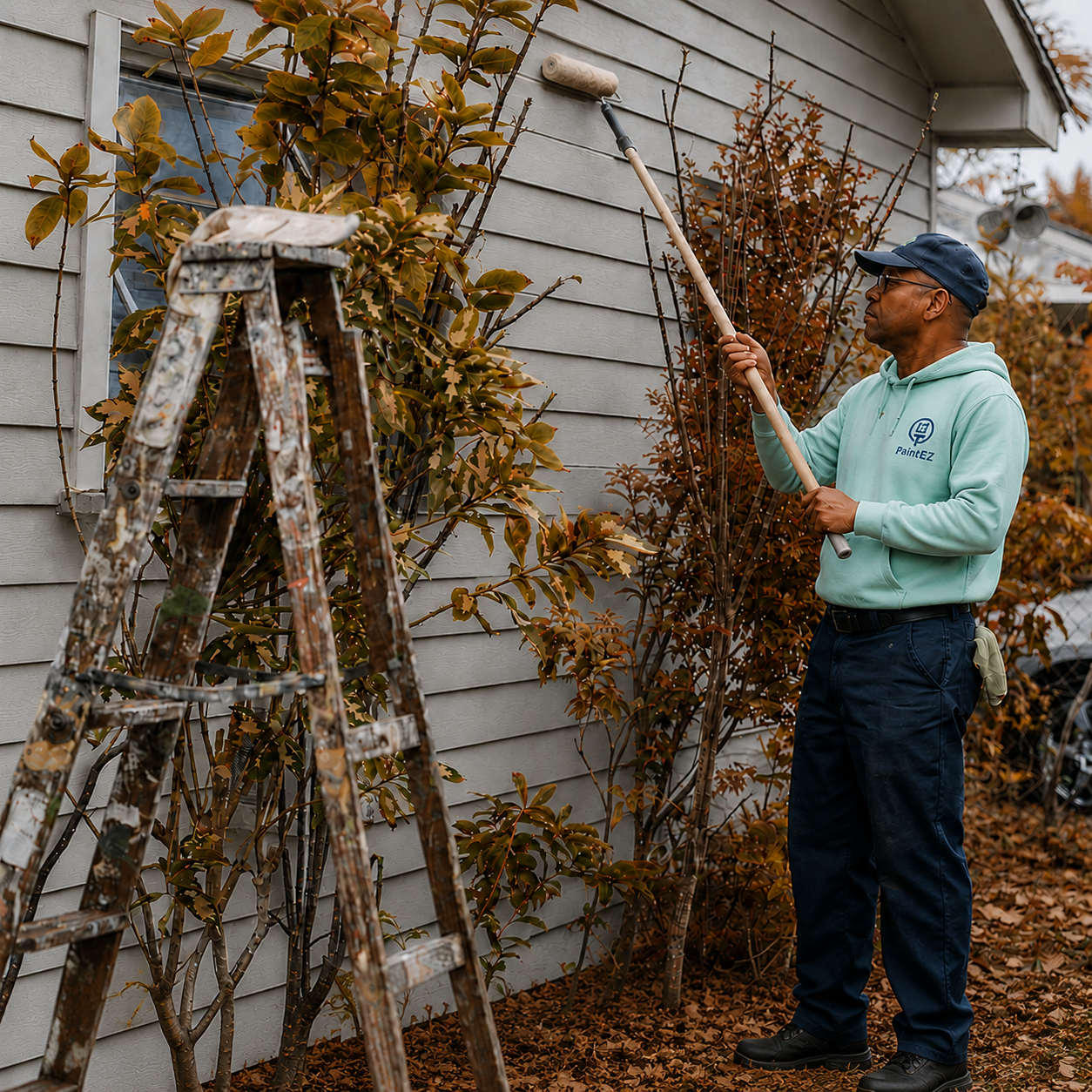 Paint EZ painter in a branded hoodie painting house siding during cool autumn weather.