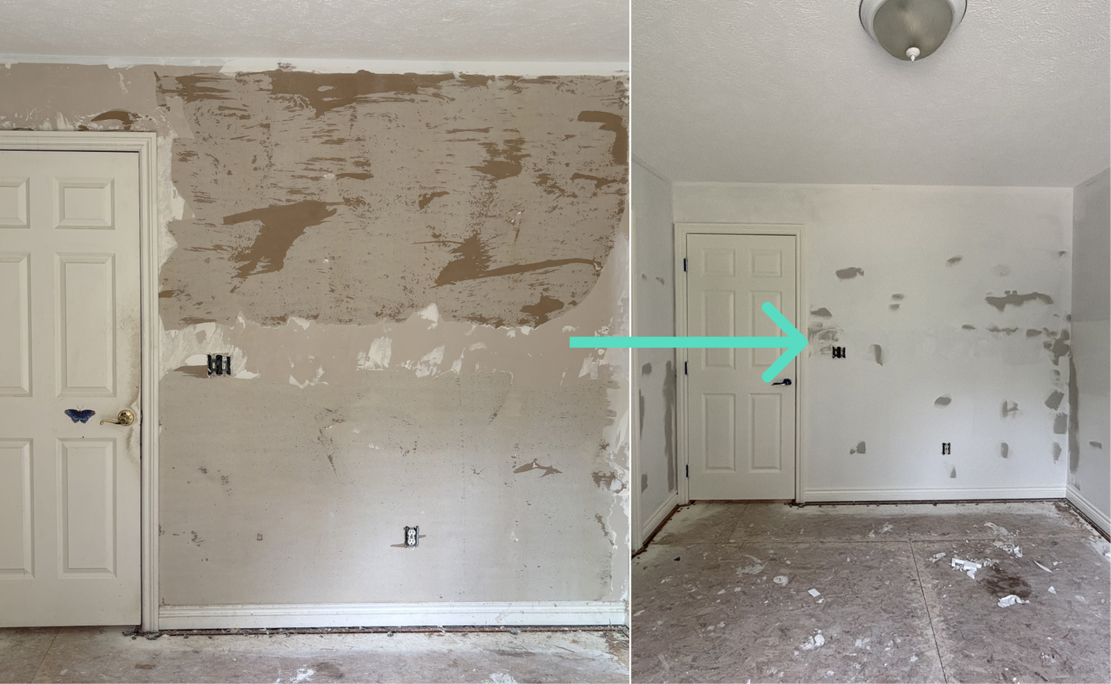 Wall preparation and drywall patching in progress after wallpaper removal.