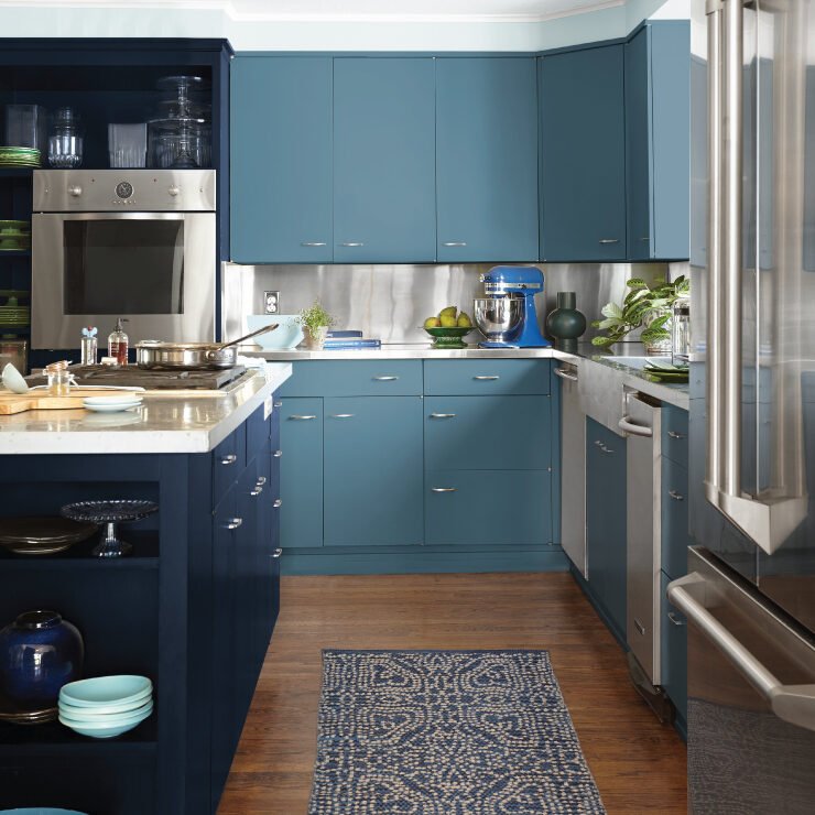 Blue kitchen cabinets painted with Behr Blueprint.