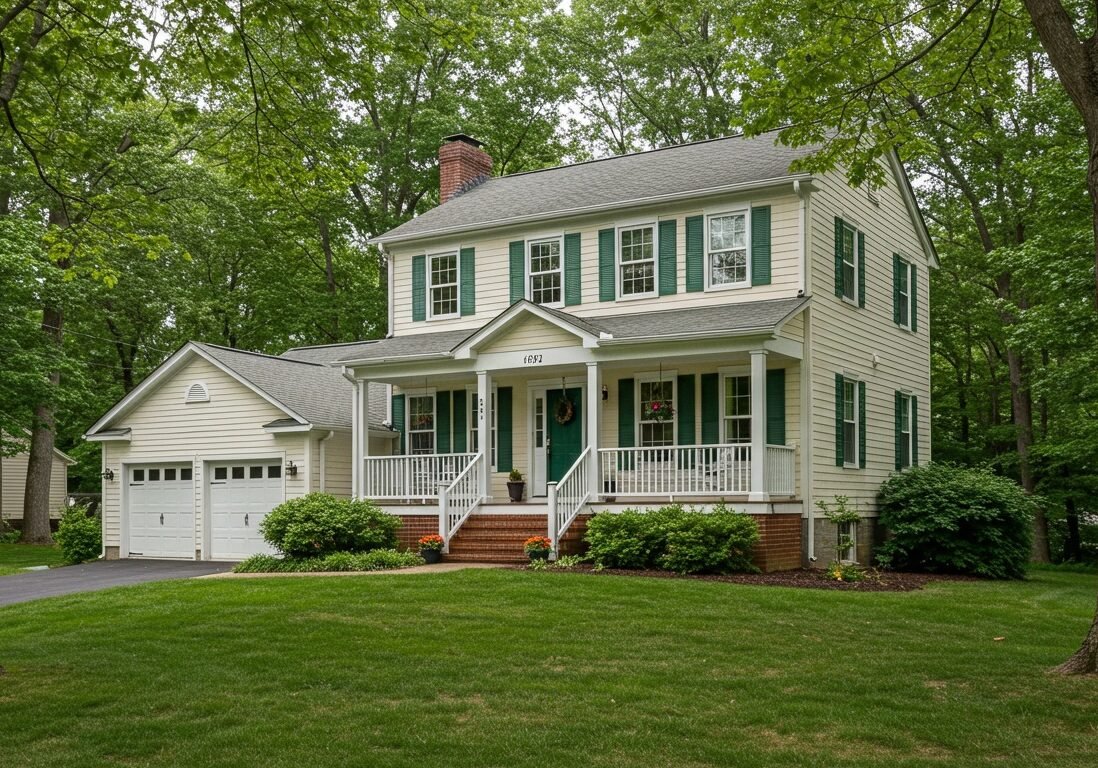 Professional exterior house painting with light siding, green shutters, white trim, and an attached garage