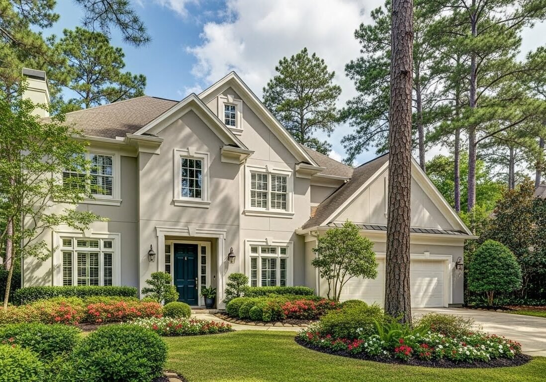 Large cream colored home surrounded by trees in The Woodlands, TX. House was painted by Paint EZ