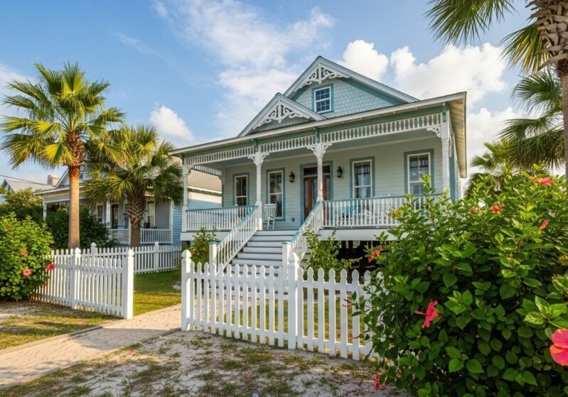 Light blue house in Galveston, TX painted by Paint EZ.