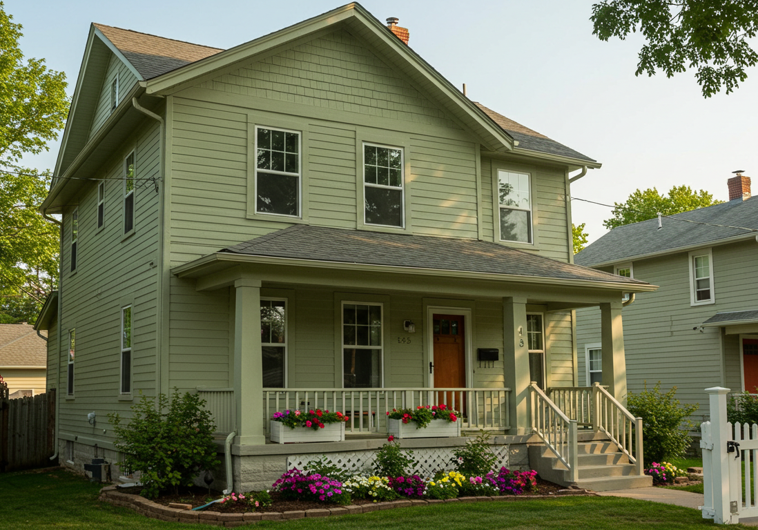 House exterior painted green in Omaha Nebraska by professional painters from Paint EZ of Omaha