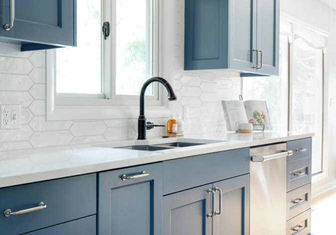 Blue cabinets pained with Waterloo by Sherwin-Williams