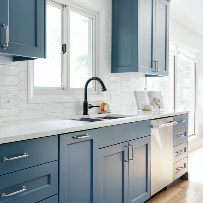 Blue cabinets pained with Waterloo by Sherwin-Williams