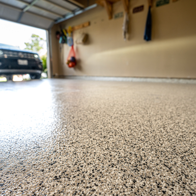 Durable epoxy or polyaspartic garage floor coating by Paint EZ &ndash; professional garage floor services that protect and enhance concrete surfaces with long-lasting, polished finishes.