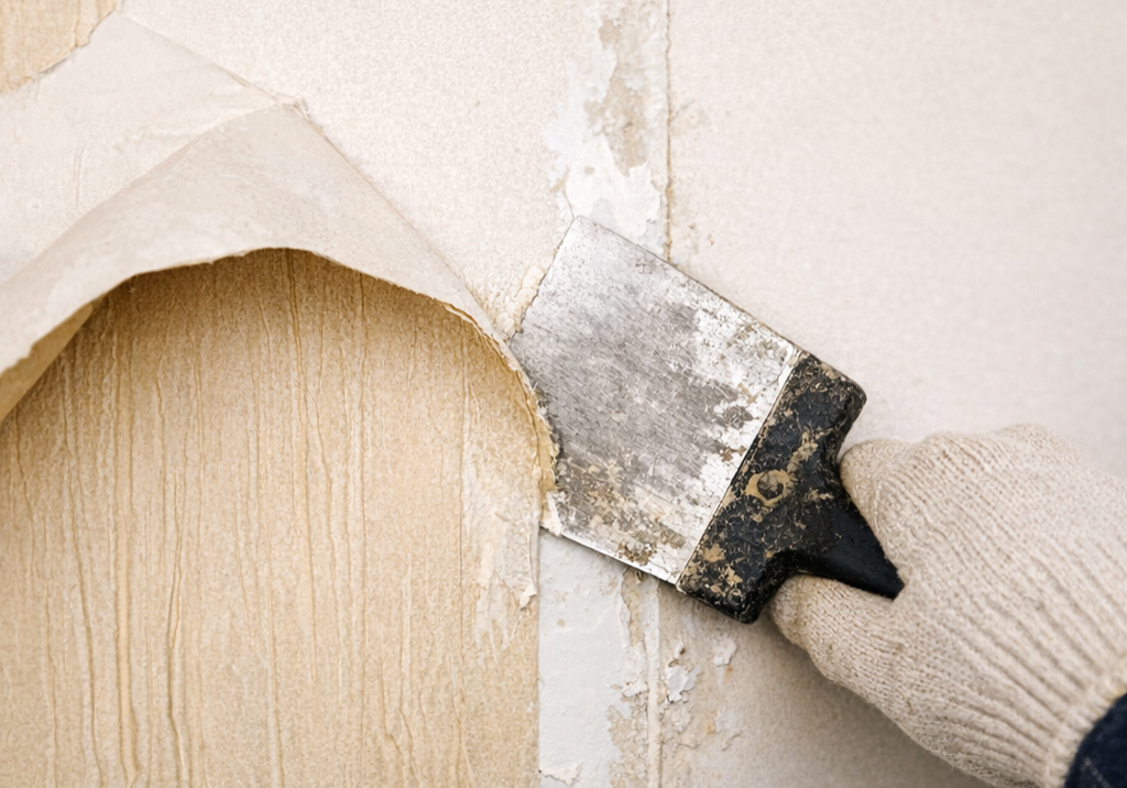 Paint EZ expert removing outdated wallpaper from an interior wall in home.