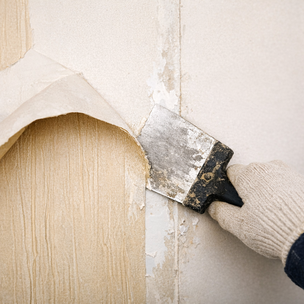 Paint EZ expert removing outdated wallpaper from an interior wall in home.