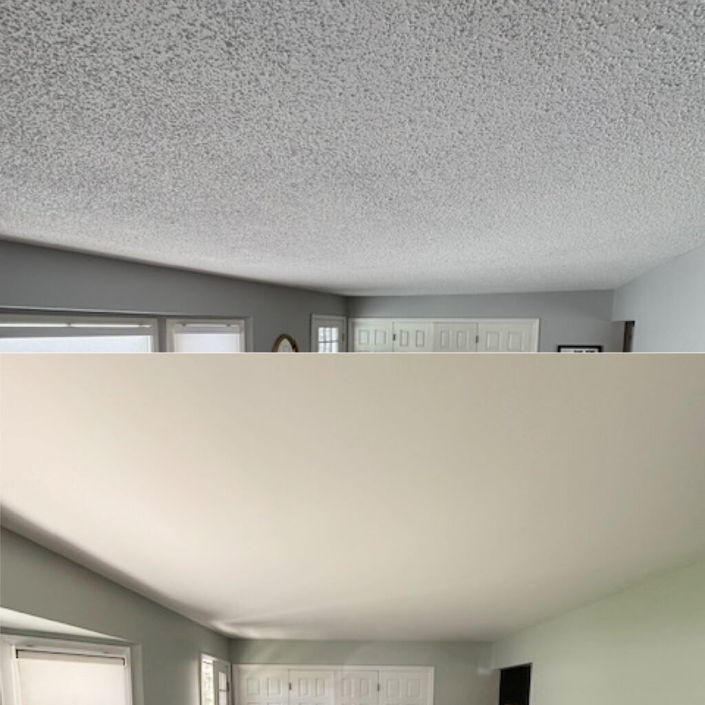 Before-and-after comparison showing a textured popcorn ceiling and a smooth ceiling after popcorn ceiling removal.