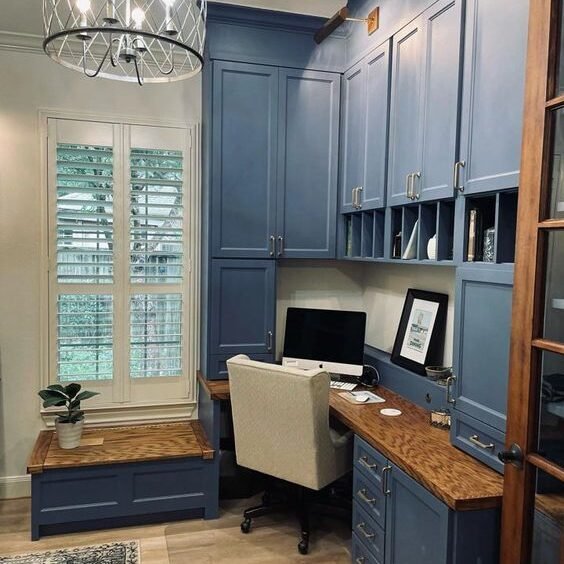 Blue cabinets painted with Distance by Sherwin-Williams