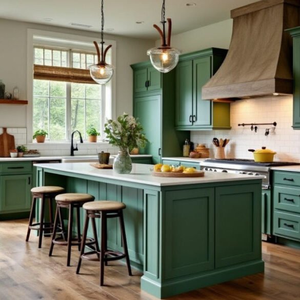 Beautifully refinished green kitchen cabinets painted by Paint EZ &ndash; expert cabinet painting services that transform kitchens with durable, high-quality finishes.