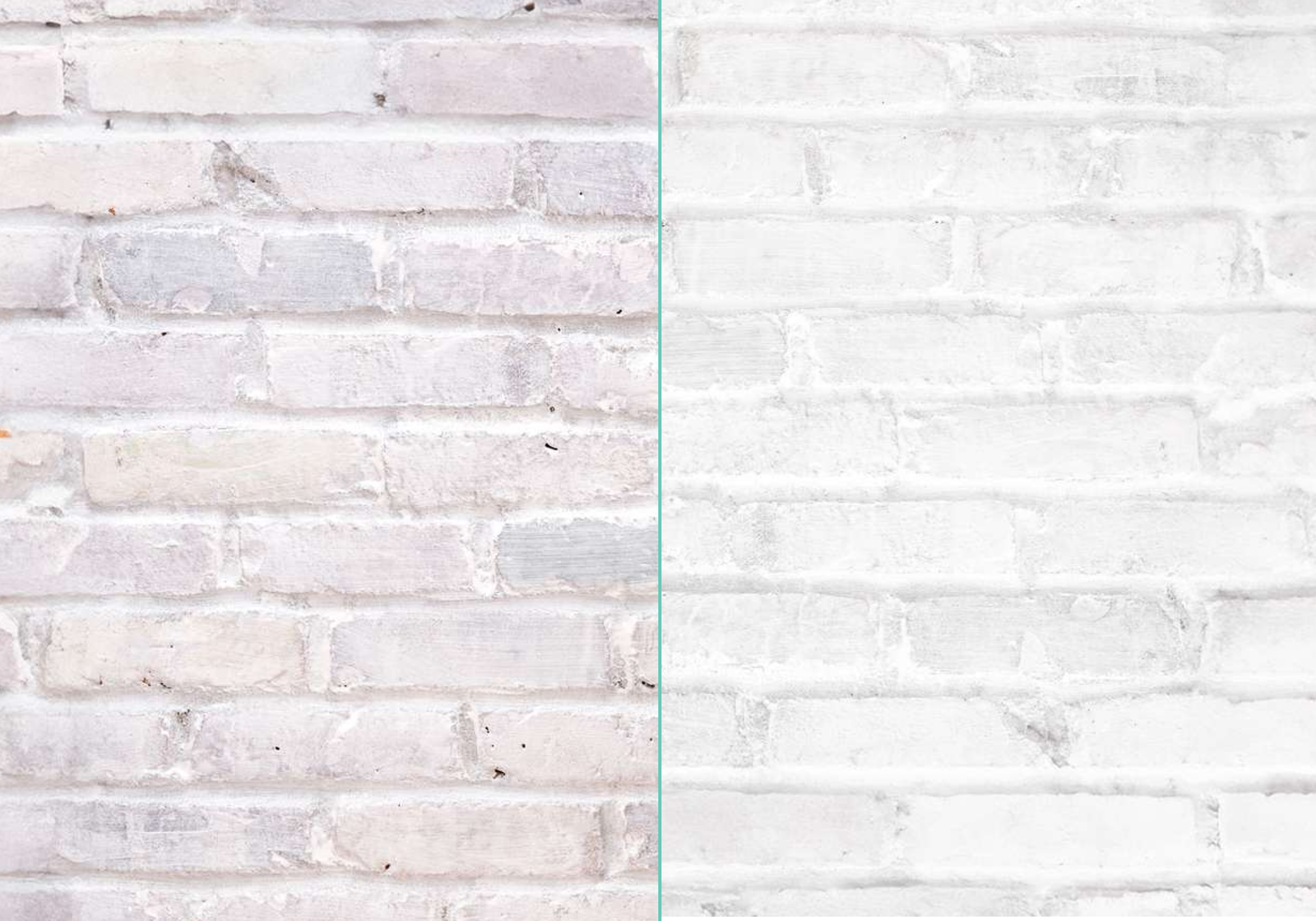 Side-by-side comparison of limewashed brick and whitewashed brick finishes showing texture and coverage differences