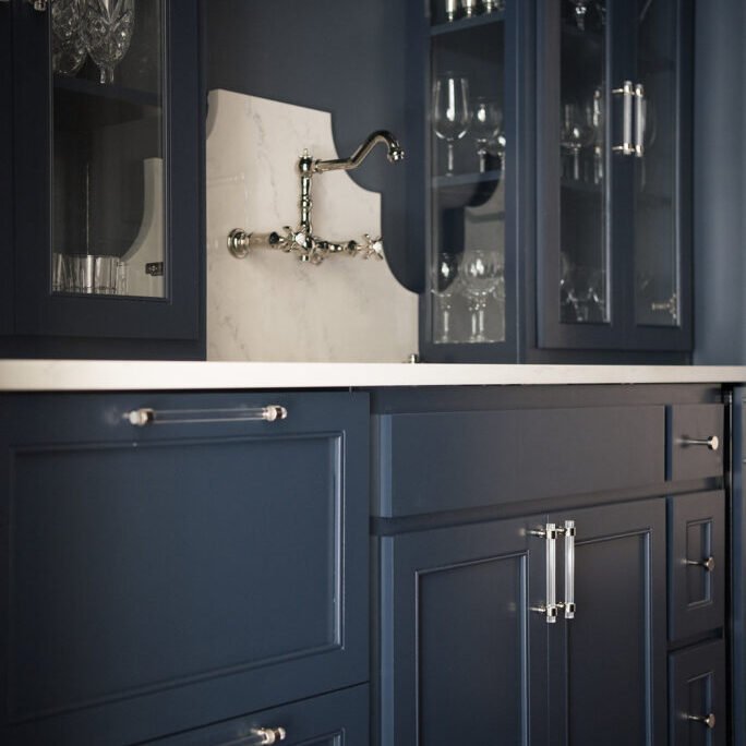 Blue cabinets painted with Mysterious by Benjamin Moore