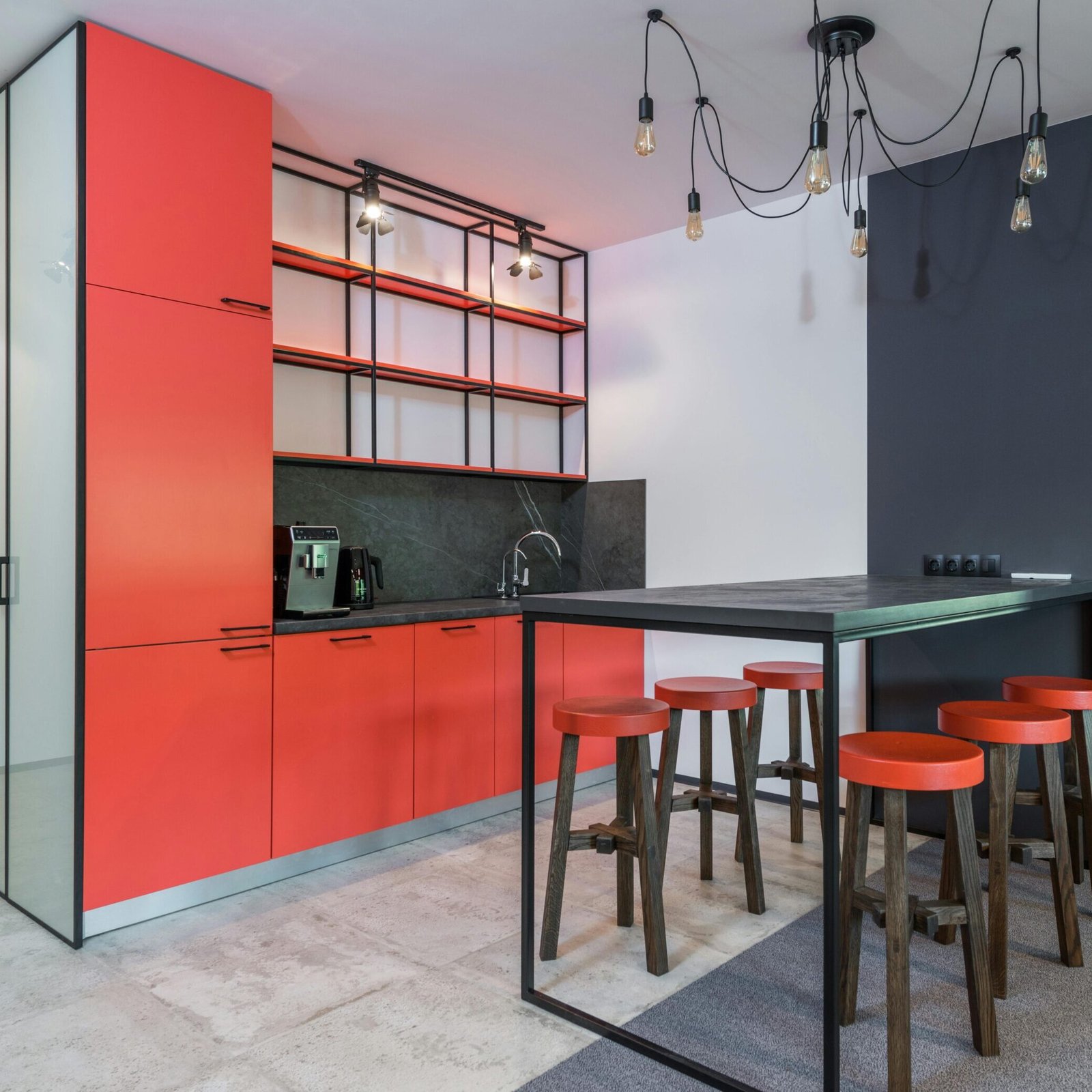 Red commercial cabinets painted by the Paint EZ crew.