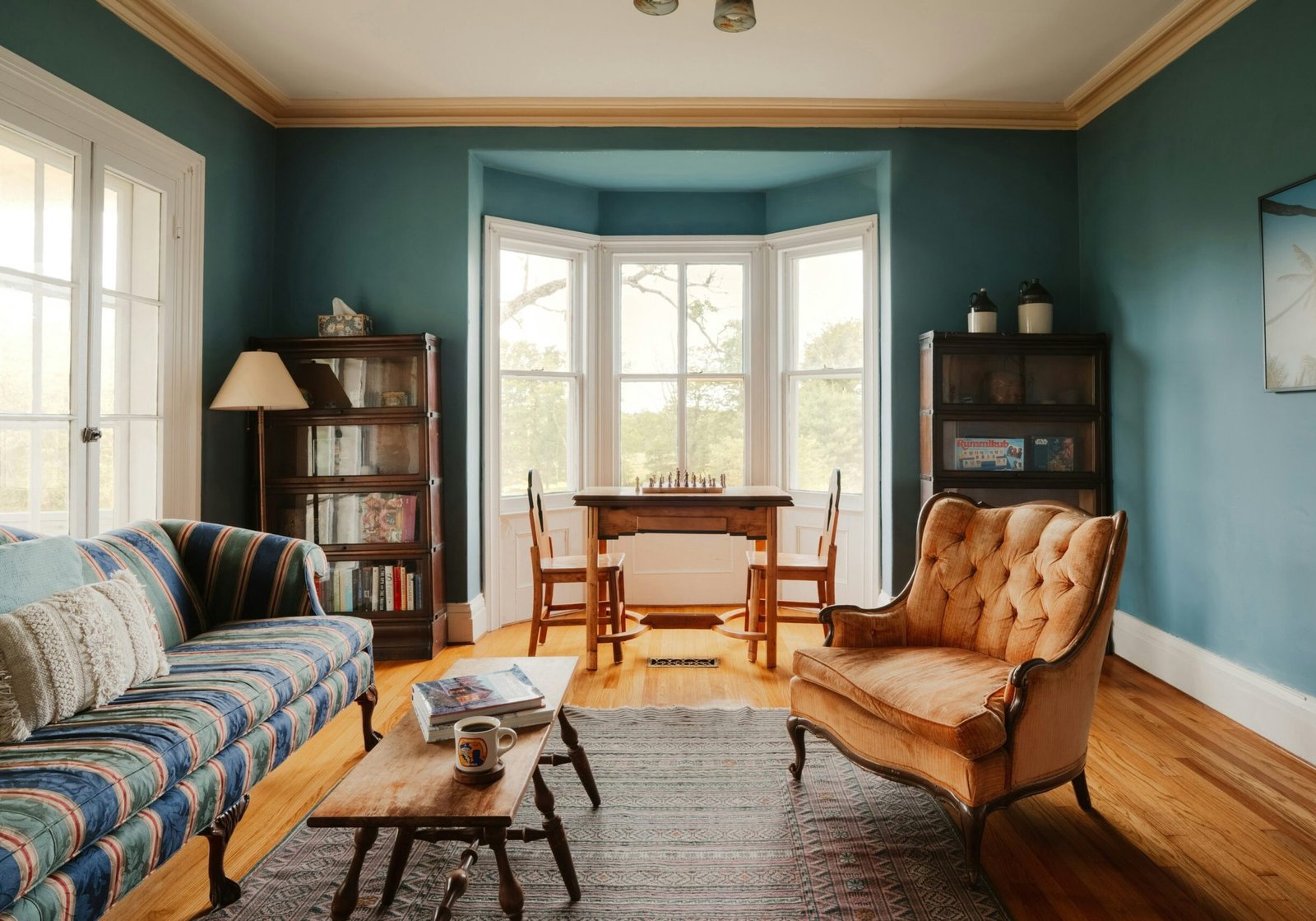 Living room with teal painted walls, white window trim, wood floors, and vintage furniture